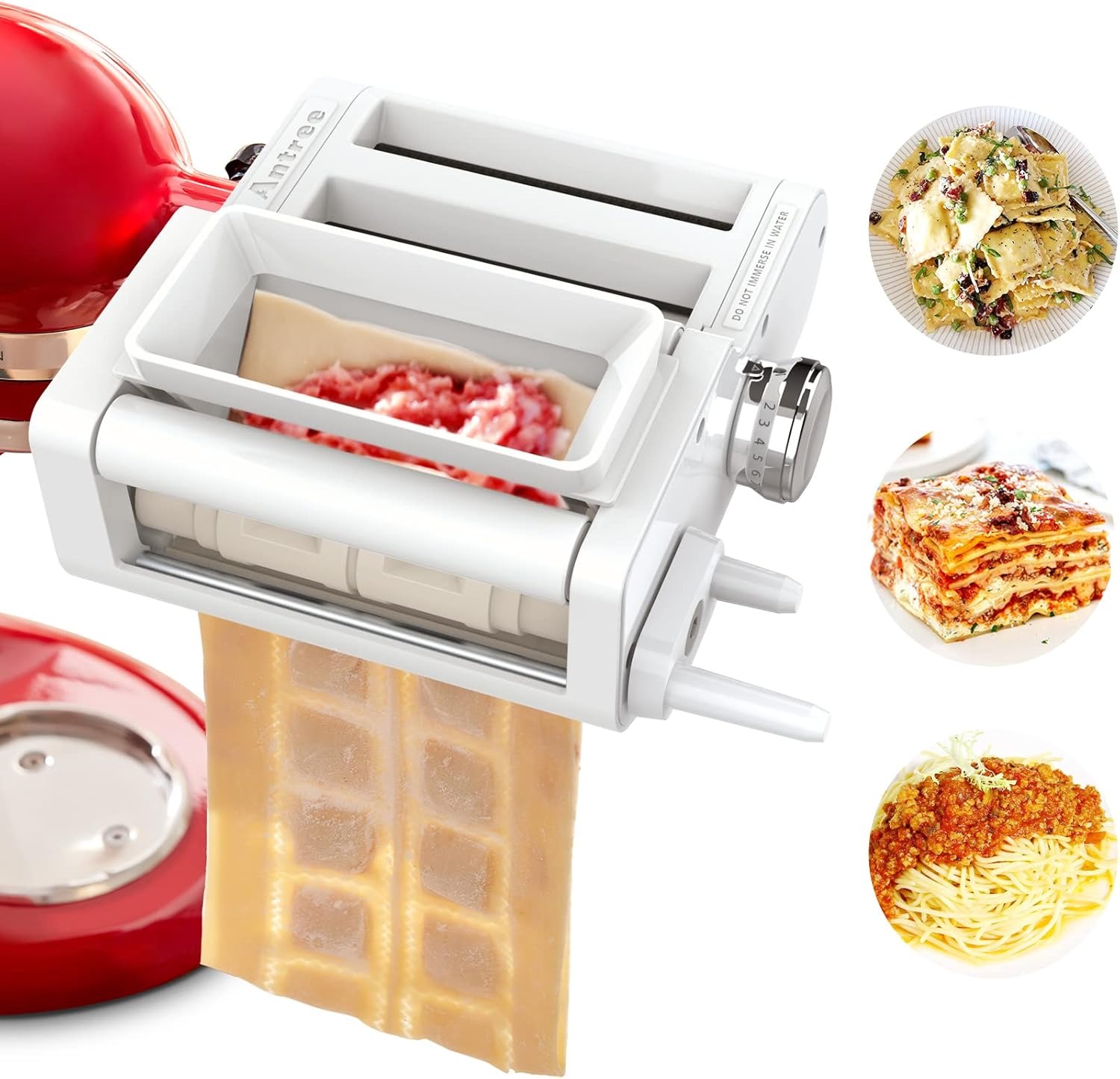 ANTREE 3-in-1 Pasta Attachment and Ravioli Maker for KitchenAid Stand Mixers with roller and cutter set.