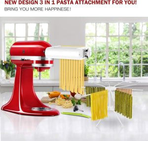 ANTREE pasta attachment connected to KitchenAid mixer, actively rolling pasta dough and cutting fresh noodles.