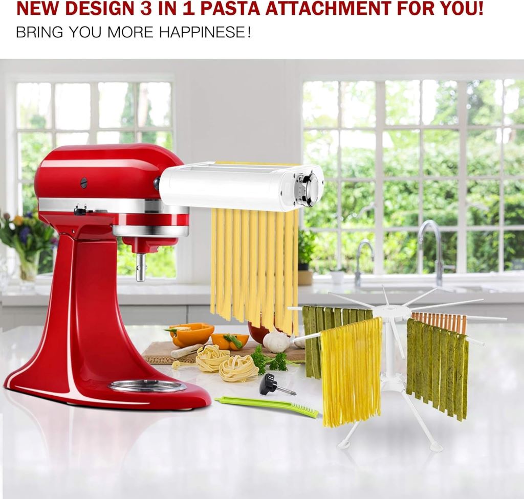 ANTREE pasta attachment connected to KitchenAid mixer, actively rolling pasta dough and cutting fresh noodles.