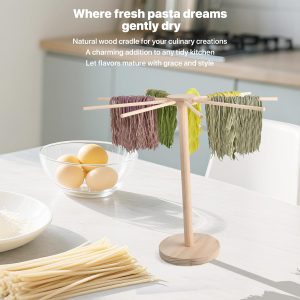 Girla 9-Arm Bamboo Pasta Drying Rack, a natural bamboo wooden rack with nine arms and a wide base for drying fresh pasta and noodles