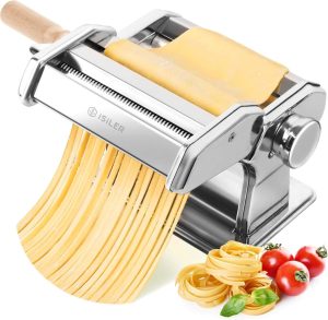 ISILER 2-in-1 pasta maker with 9 adjustable thickness settings, shown with fresh pasta sheets and detachable cutter.