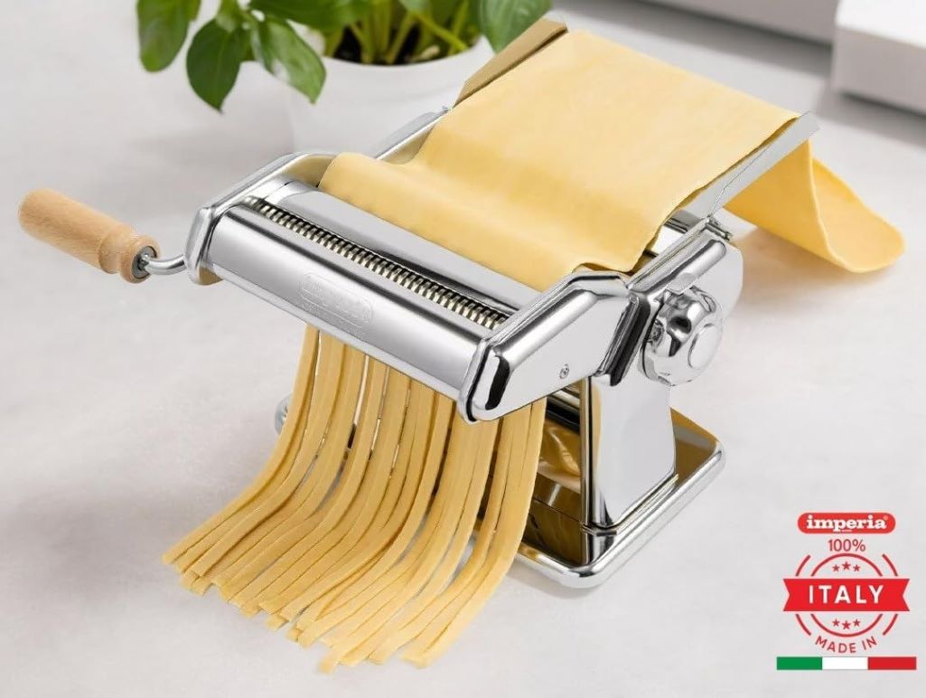 Imperia Pasta Maker Machine with hand crank and steel rollers—classic Italian craftsmanship for fresh homemade pasta.