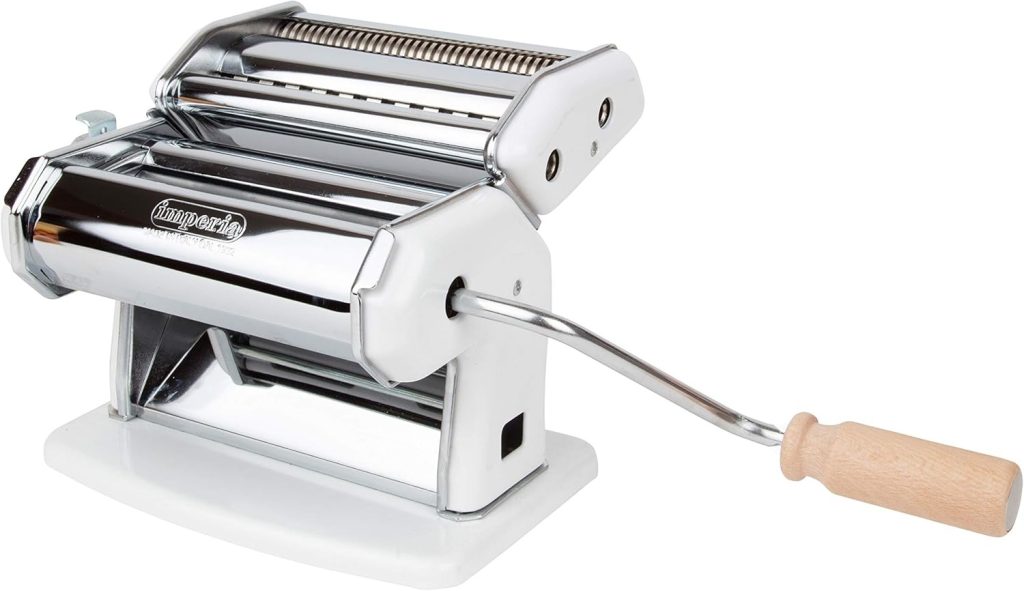 Stainless steel Imperia Pastapresto pasta maker with adjustable rollers and cutting blades