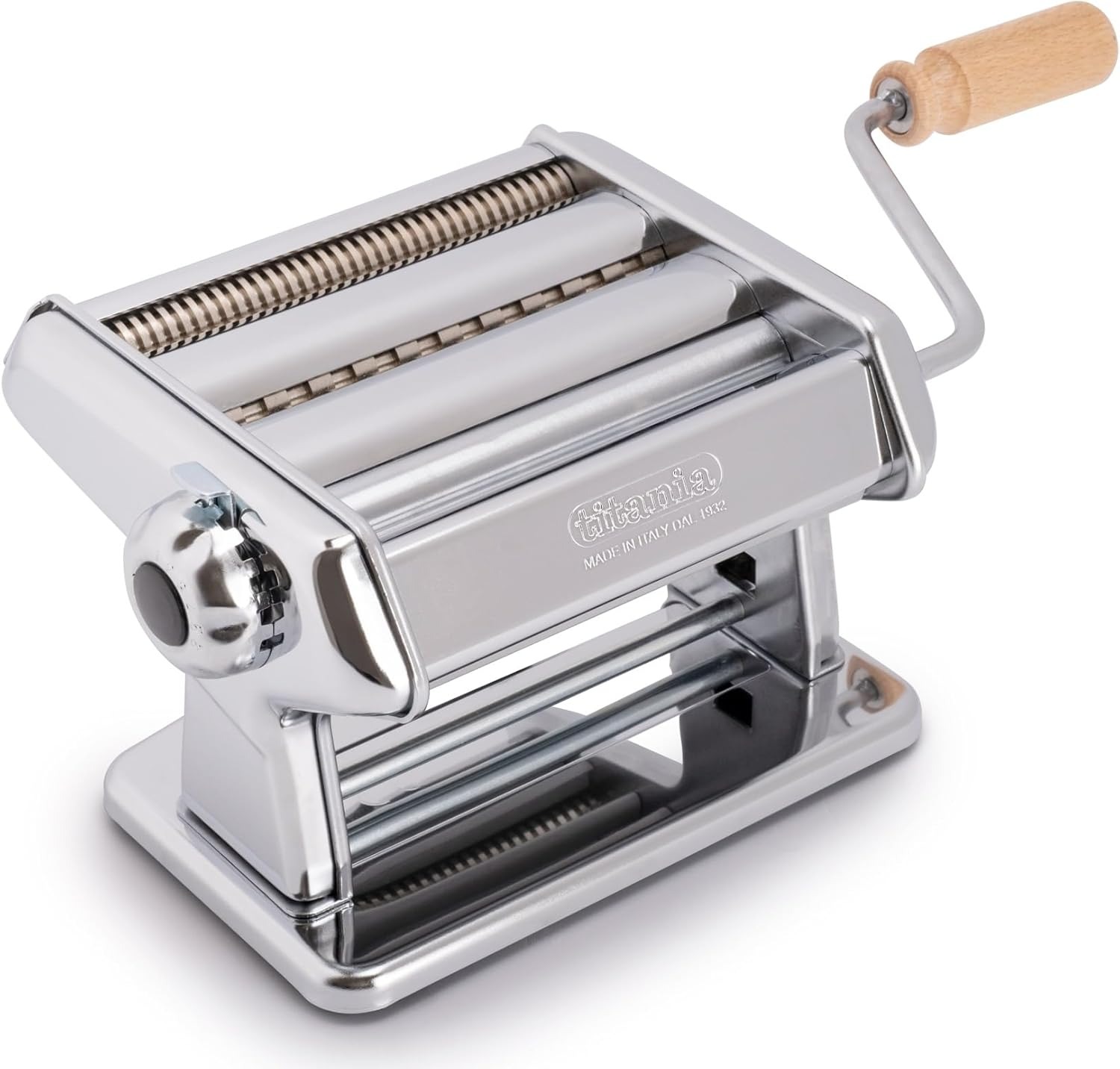 Imperia Titania pasta maker with wooden handle and steel rollers for homemade noodles