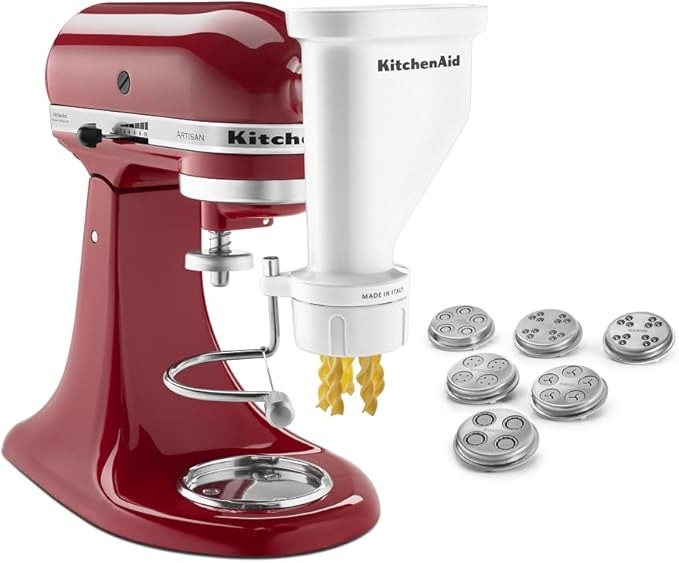KitchenAid KSMPEXTA Gourmet Pasta Press Attachment in white with 6 interchangeable pasta plates for stand mixers.