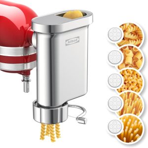 KitchenAid metal pasta press attachment with 5 interchangeable plates for making spaghetti, bucatini, fusilli, and large/small macaroni.