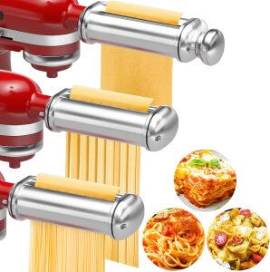 NEWSETS 3-piece pasta maker attachment set compatible with KitchenAid stand mixers, including pasta dough roller, fettuccine cutter, and spaghetti cutter