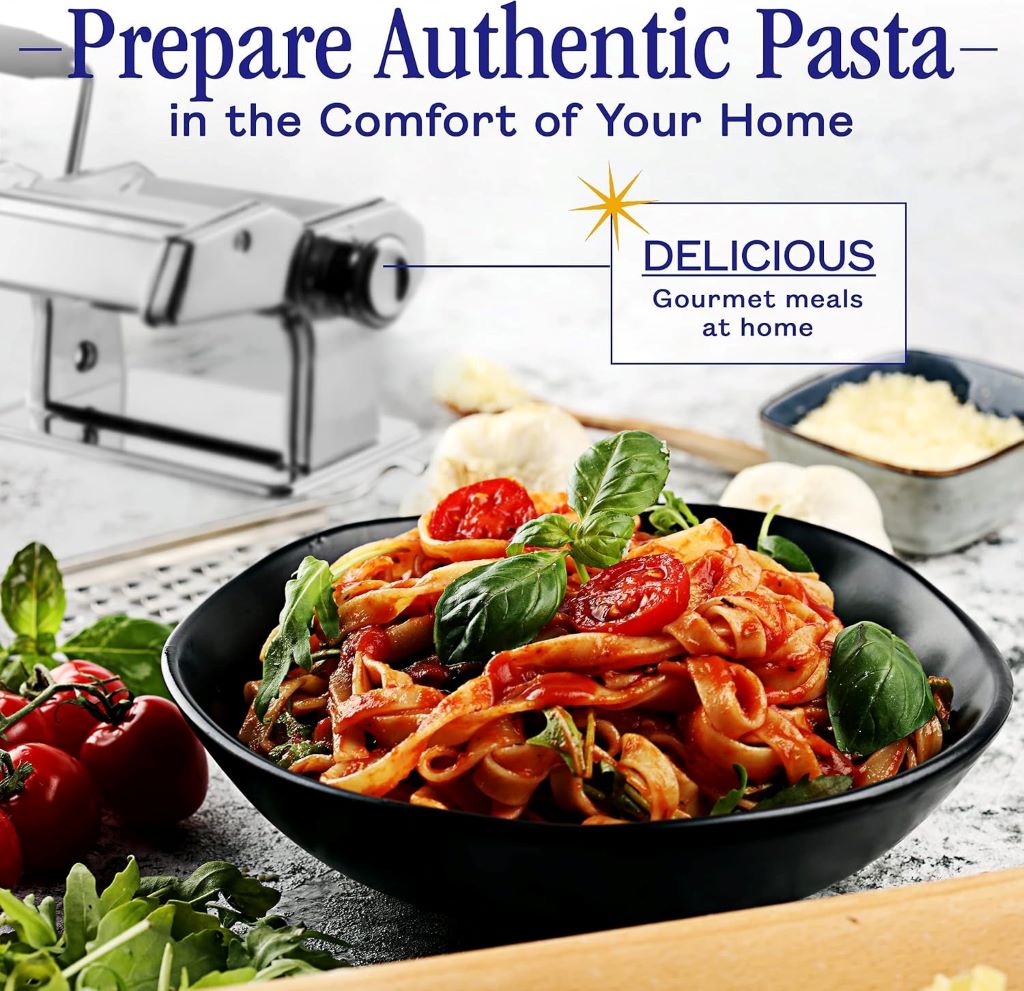 Close-up of Nuvantee pasta maker rollers and cutter for spaghetti and fettuccine