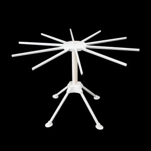 Compact and sturdy pasta drying rack with multiple arms, folded and in use.