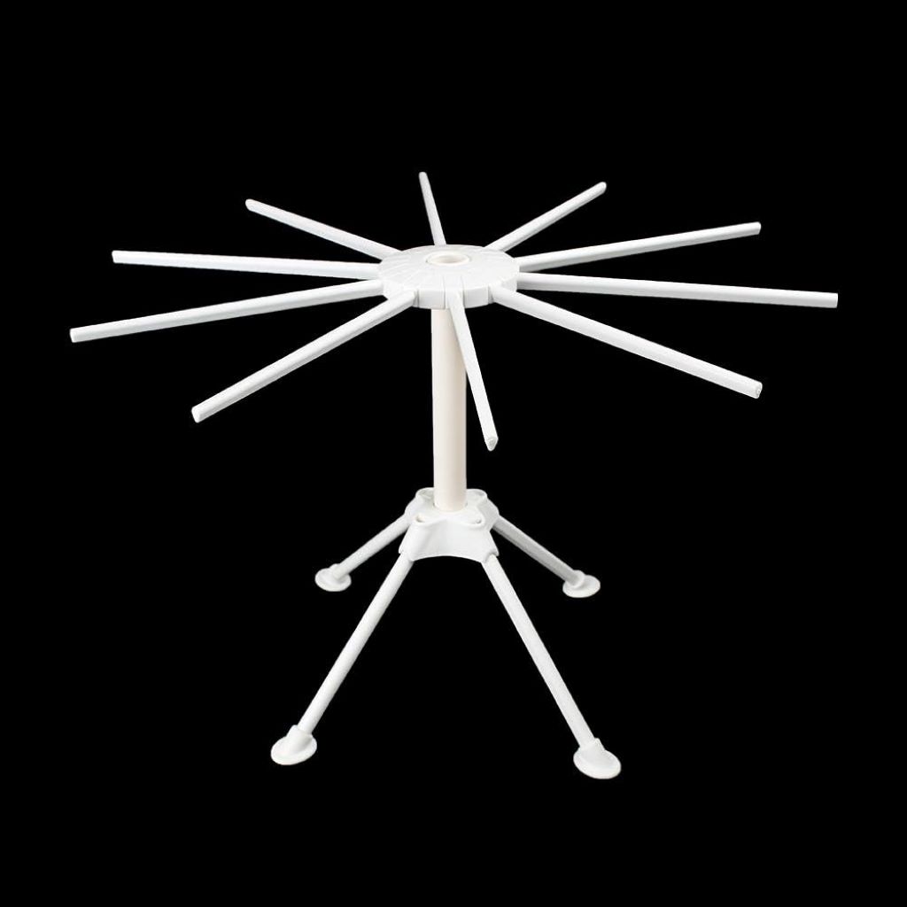 Compact and sturdy pasta drying rack with multiple arms, folded and in use.