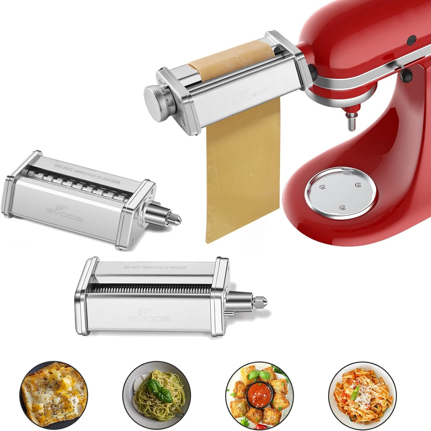 Gvode 3-piece pasta attachment set for KitchenAid stand mixers, including roller, spaghetti, and fettuccine cutters.