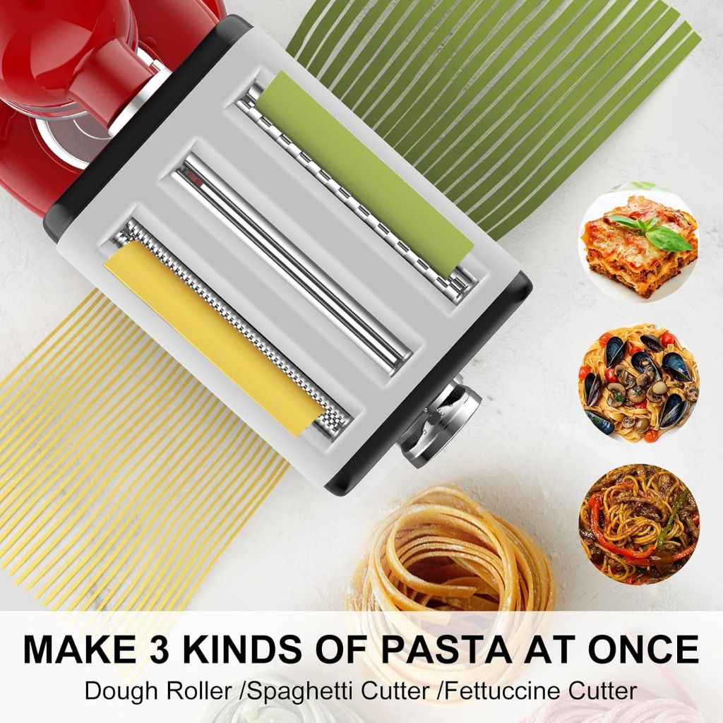 Close-up of Kitchenaid-compatible pasta maker attachment showing dough roller and dual noodle cutters; ideal for homemade spaghetti and fettuccine.