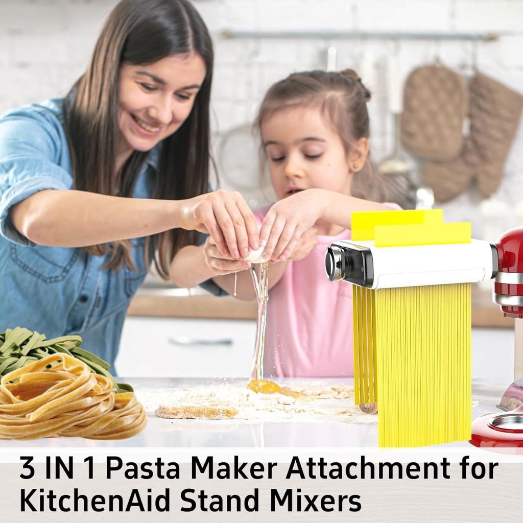 Make fresh pasta at home with this sleek 3-in-1 Kitchenaid mixer attachment—perfect for rolling dough and cutting spaghetti or fettuccine noodles.