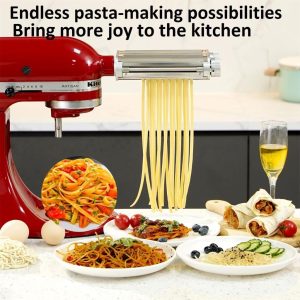 3-in-1 Pasta Maker Attachment Set for KitchenAid Mixers – includes roller and cutters for spaghetti and fettuccini, featured in expert reviews.