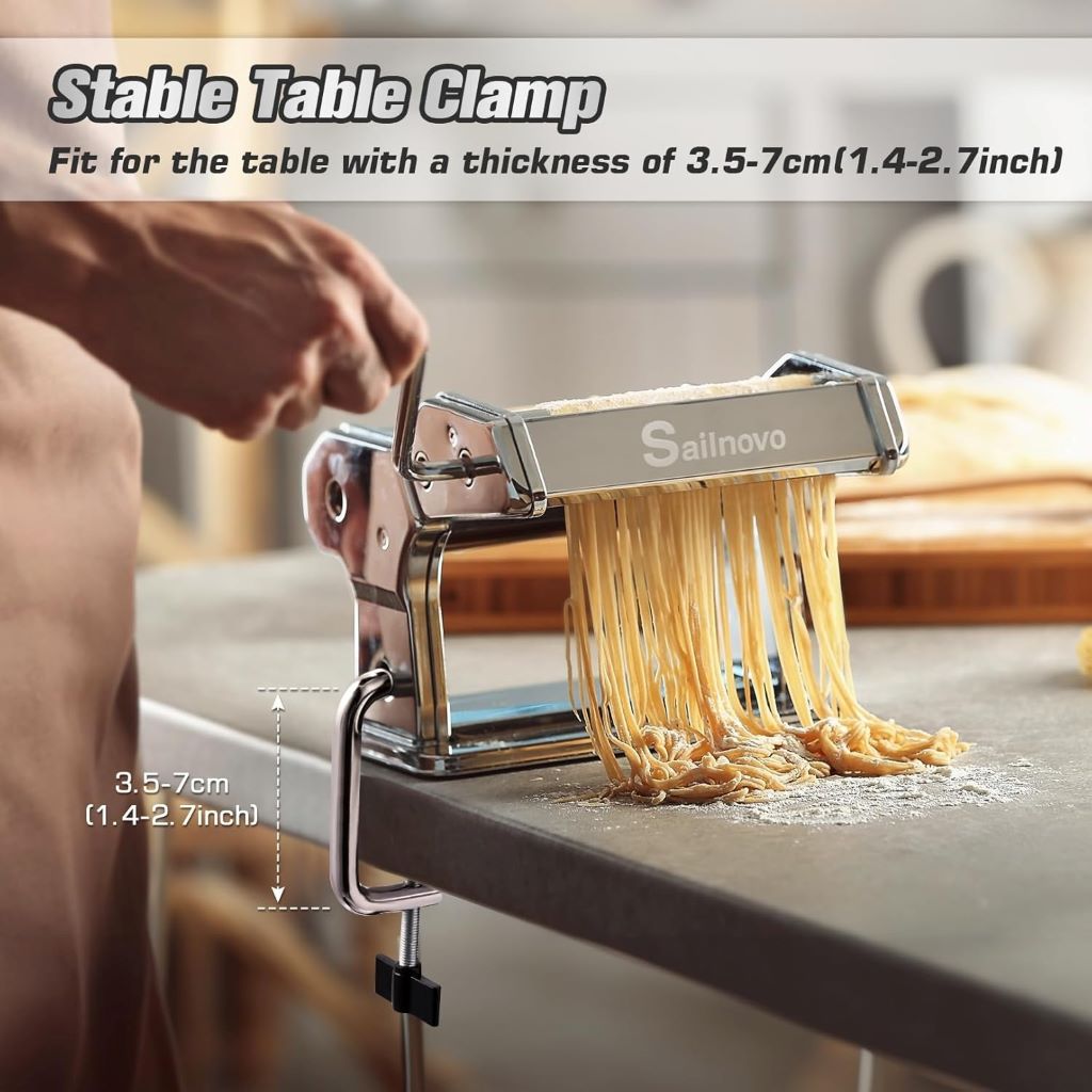 Sailnovo 2-in-1 pasta maker machine with adjustable roller and cutter, featuring 9 thickness settings for fresh noodles