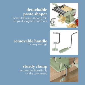 Elegant juniper green Sur La Table pasta maker with stainless steel rollers and cutters, perfect for crafting fresh spaghetti, fettuccini, lasagna sheets, or dumpling wrappers at home.