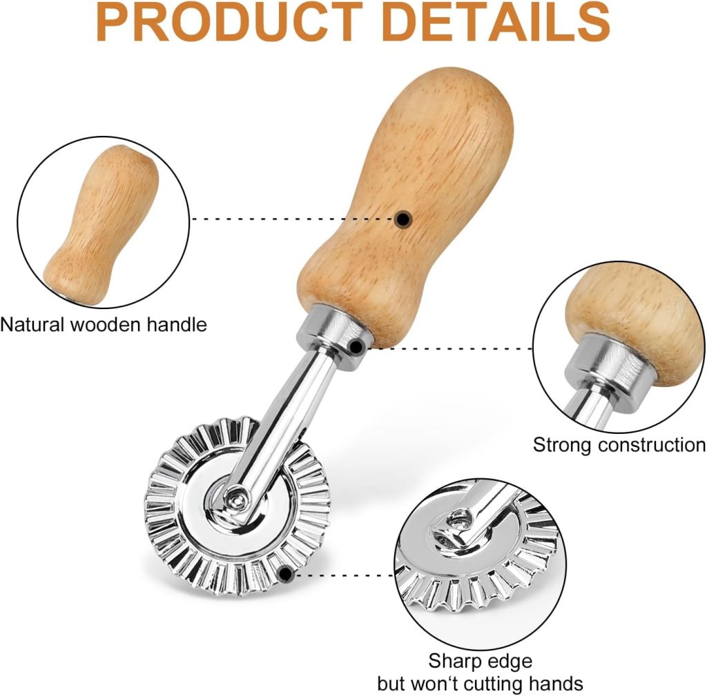 TACGEA ravioli stamp cutter set with four wooden handles and fluted edges, including a matching fluted roller wheel for shaping and sealing ravioli and other stuffed pasta