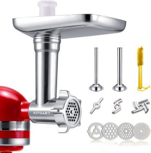 KITOART metal food grinder attachment for KitchenAid mixer in silver, perfect for meat grinding and sausage making.