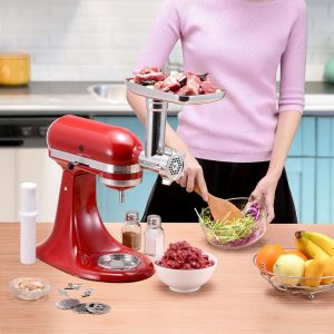 Silver KITOART food grinder and sausage stuffer attachment compatible with KitchenAid stand mixers.