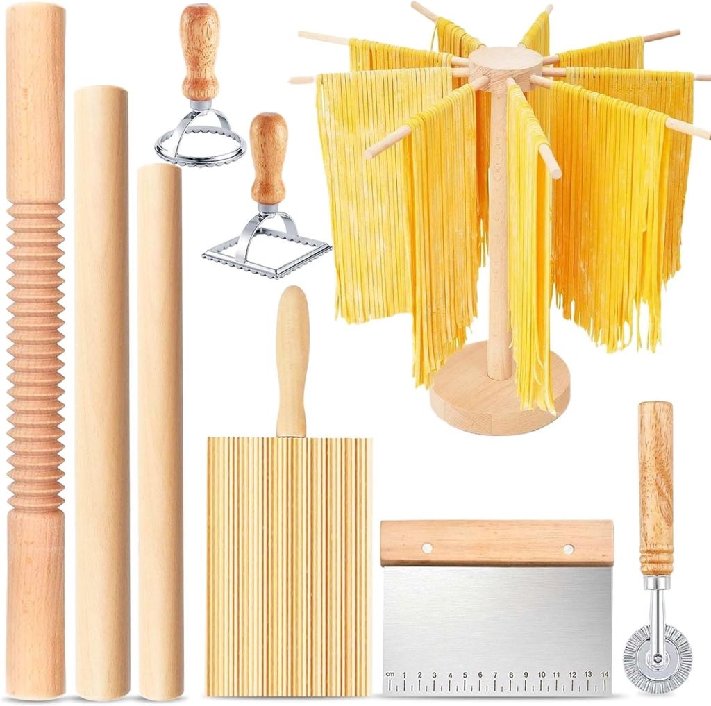 ATPWONZ 9-piece wooden pasta making kit with rolling pins, ravioli cutter, and gnocchi board