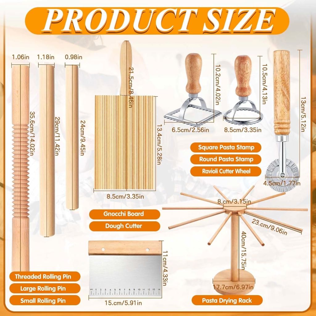 Wooden pasta making kit by ATPWONZ featuring rolling pins, dough cutter, and pasta stamps