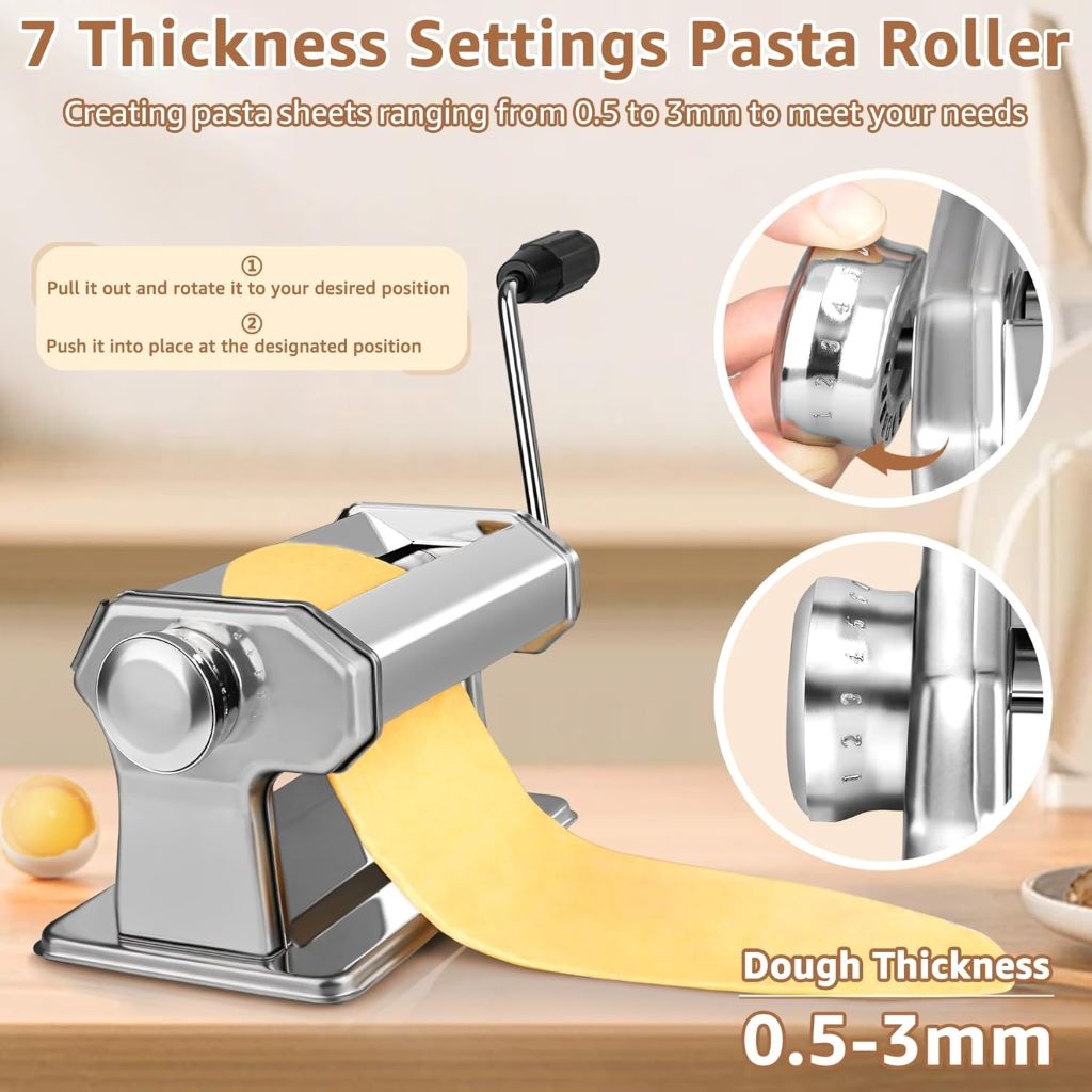 Homemade pasta machine with 7 thickness settings for spaghetti, fettuccine, and ravioli
