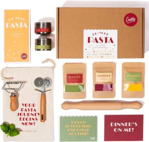 Craftly DIY Pasta Making Kit with rolling pin, cutting wheel, ravioli stamp, spices, and pasta dyes.