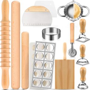 Crssbrohip 14-piece pasta and ravioli maker kit with roller, cutter, and wooden handles for home use.