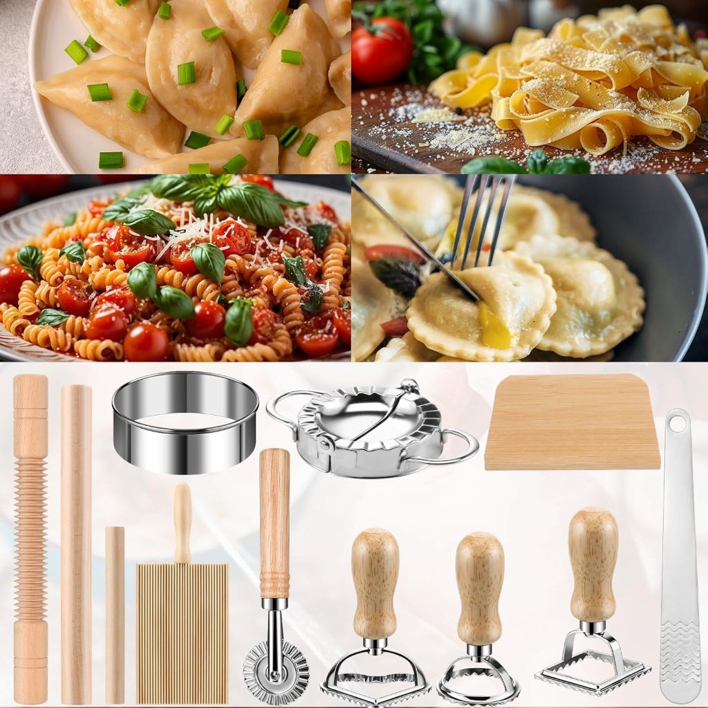 Crssbrohip 11-piece pasta making kit with rolling pin, ravioli cutter, and gnocchi board.