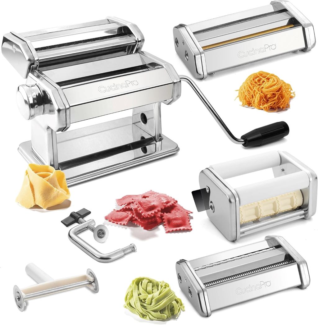 CucinaPro Pasta Maker Deluxe with 3 attachments making spaghetti, fettuccini, ravioli, angel hair, and lasagnette.
