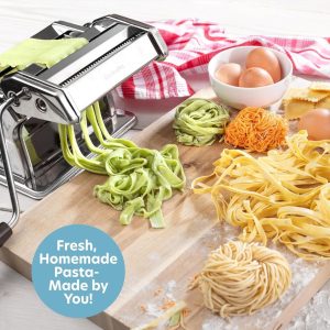 Stainless steel CucinaPro pasta machine for homemade pasta, featuring durable cutters and versatile pasta options.