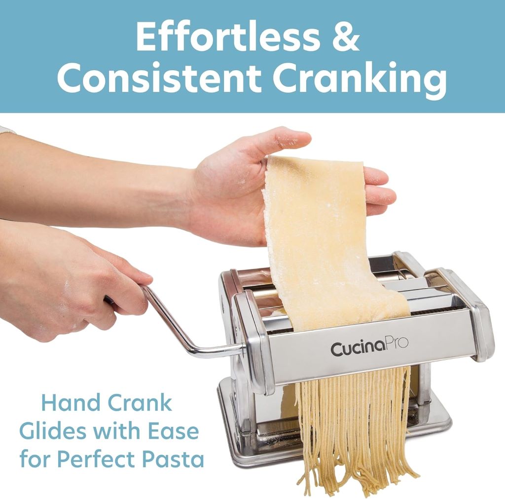 Versatile CucinaPro Deluxe Pasta Maker set preparing five types of pasta with durable construction.