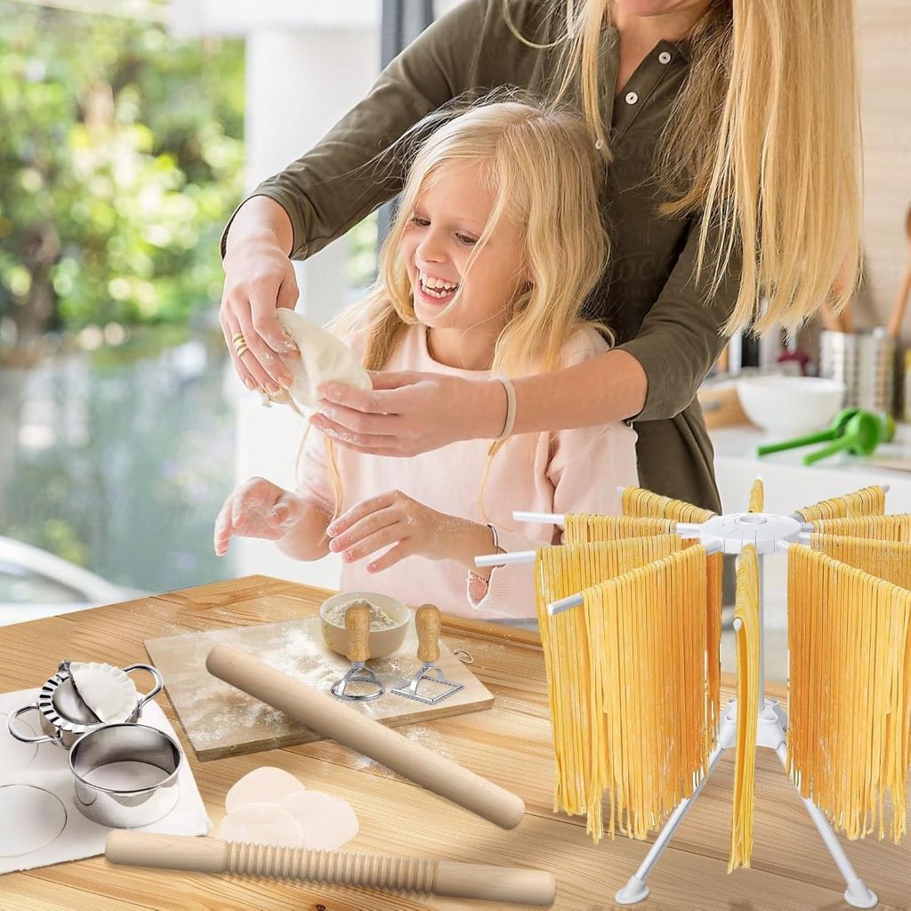 Complete pasta making kit including gnocchi board, ravioli cutters, dumpling makers, and pasta stamp