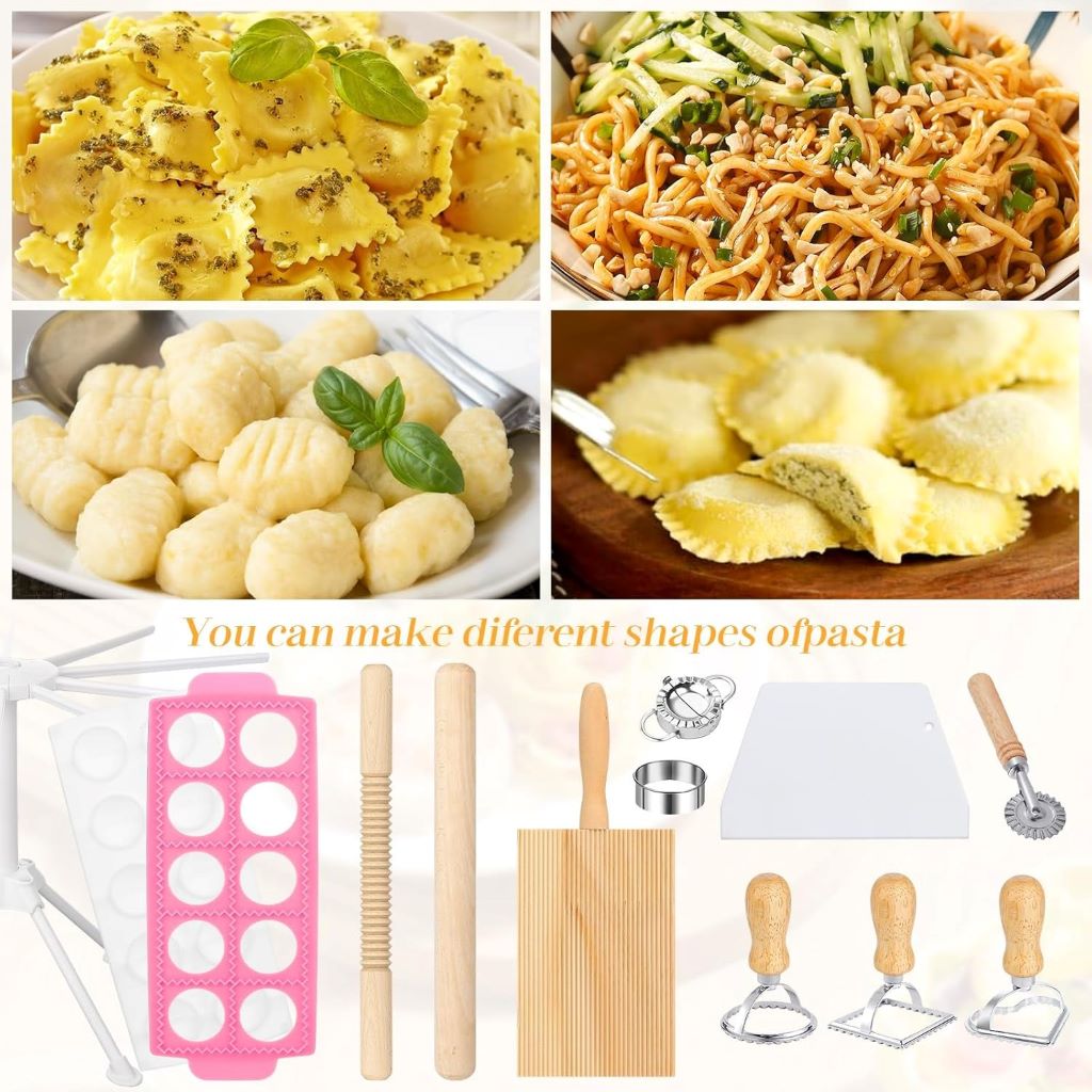 Homemade pasta tool set with noodle cutter, dough scraper, drying rack, and essential pasta accessories