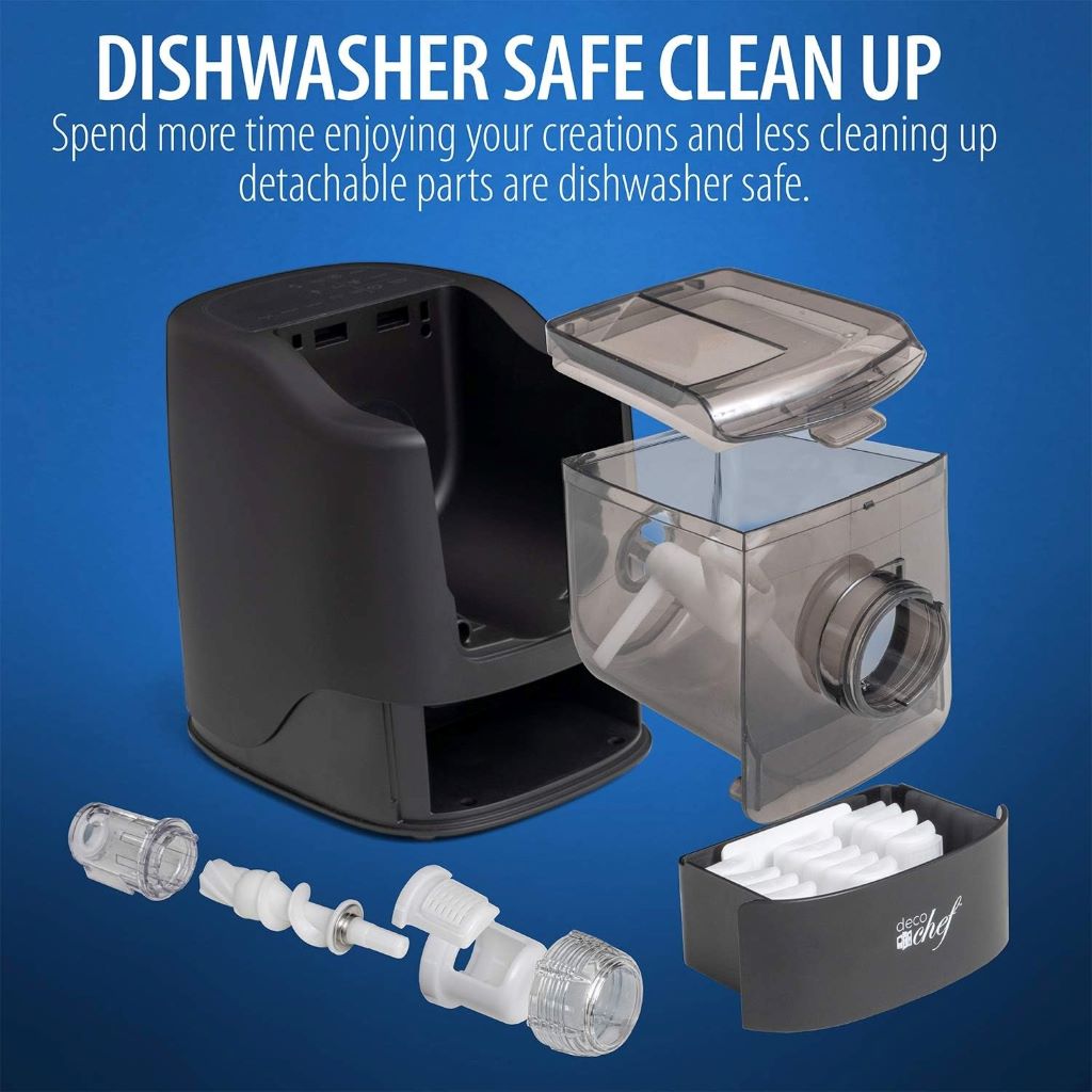 Dishwasher-safe Deco Chef pasta machine extruding different pasta shapes