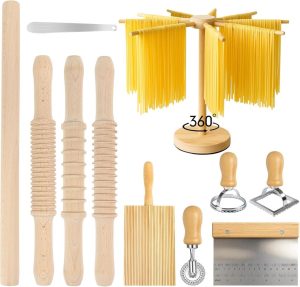 DigNew 11-piece wooden pasta making kit with rolling pins, cutters, and drying rack for homemade pasta.
