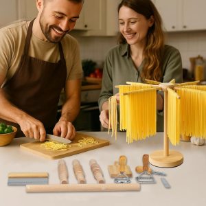 Complete DigNew pasta kit featuring wooden rolling pins, gnocchi board, dough cutter, and rotatable drying rack.