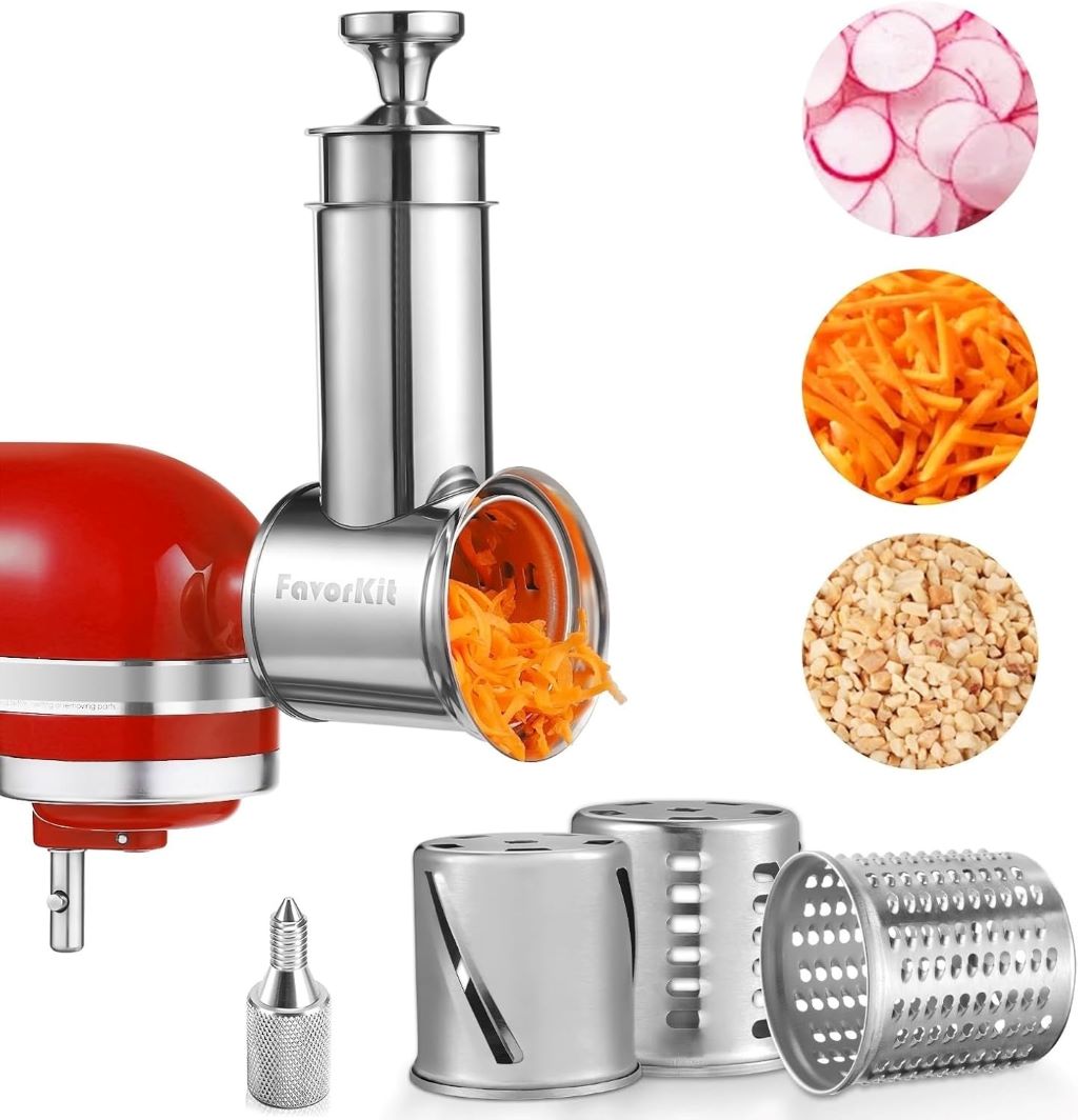 FavorKit stainless steel slicer and shredder attachment for KitchenAid with 3 blades.
