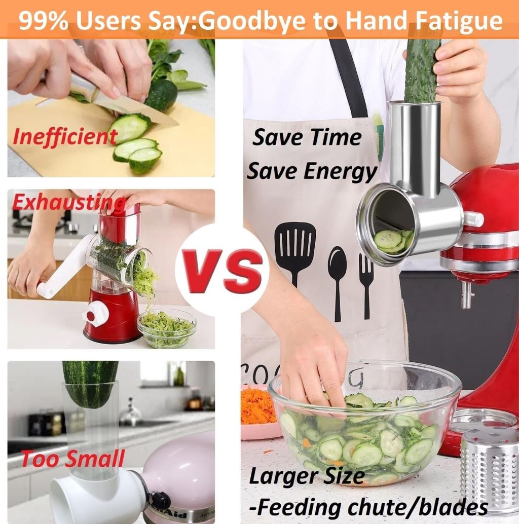Three-blade stainless steel slicer and shredder attachment by FavorKit for KitchenAid mixers.