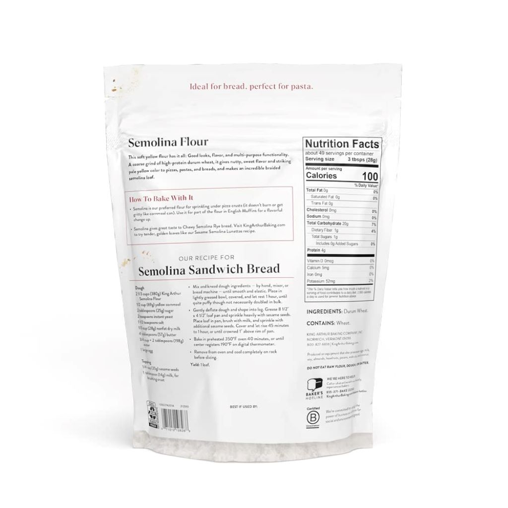 Resealable 3 lb bag of King Arthur semolina flour, USA-grown wheat for versatile recipes.