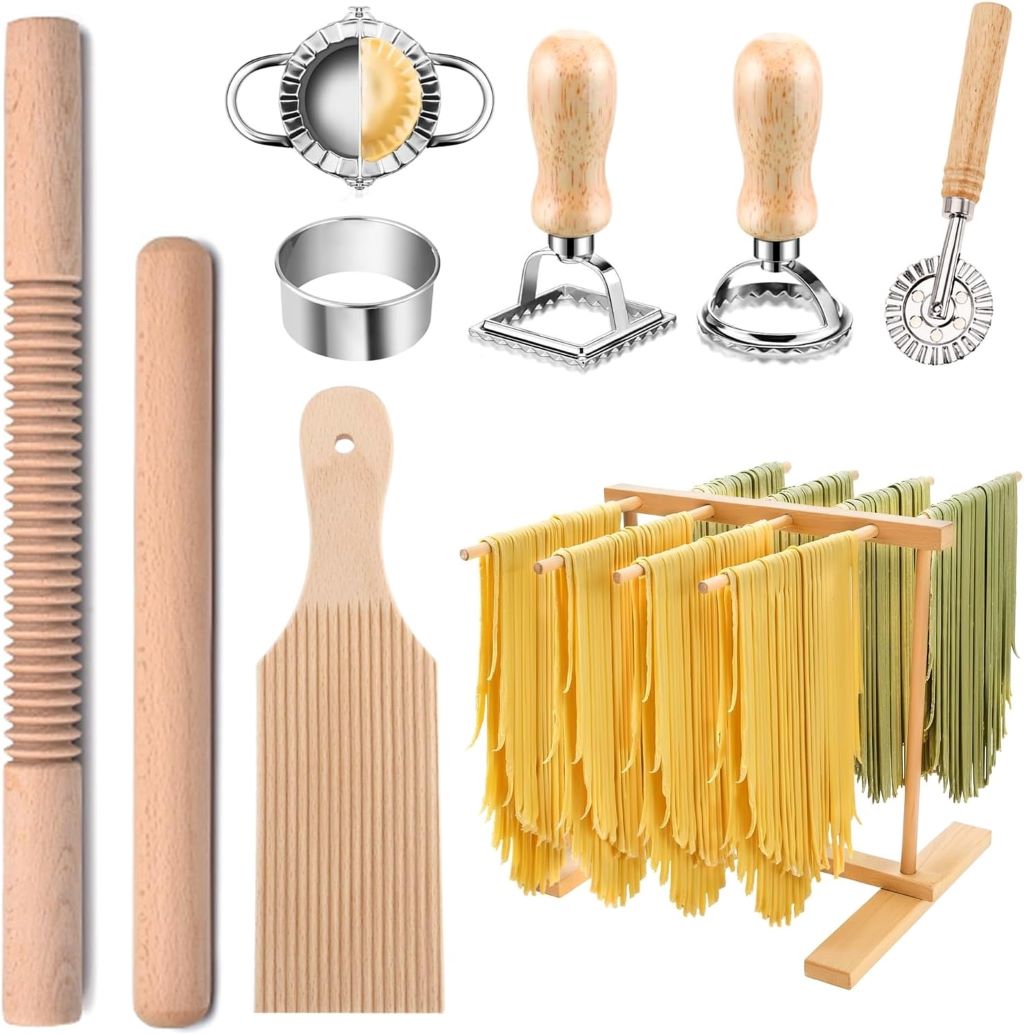 9-Piece Krbnk Wood Pasta Making Kit with roller, drying rack, gnocchi board, and ravioli cutter.