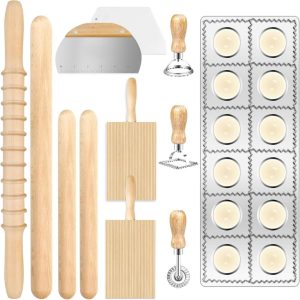 MACIFECI 12-piece pasta making tools set with wooden roller on display