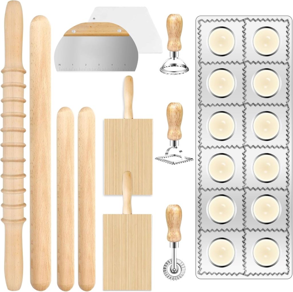 MACIFECI 12-piece pasta making tools set with wooden roller on display
