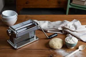 Marcato Atlas 8340 Italian pasta dough roller with hand crank, silver finish.