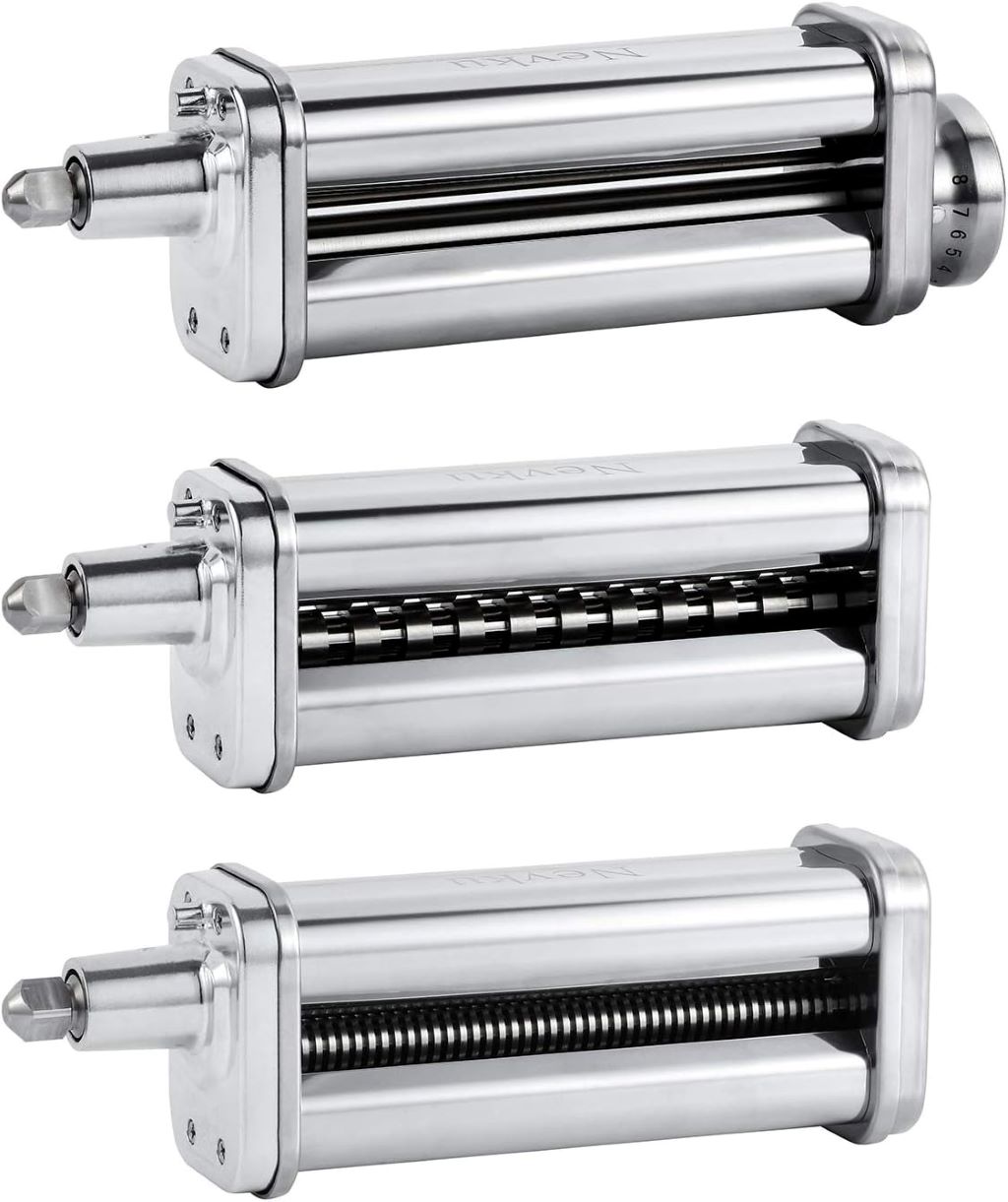 KitchenAid mixer with Nevku pasta attachments making fresh homemade pasta