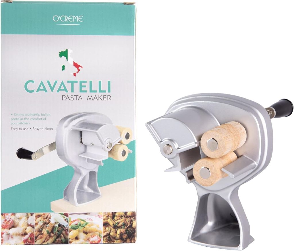 O'Creme Cavatelli Pasta Maker with non-stick wooden rollers for homemade Italian pasta.