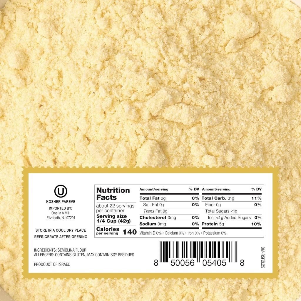 High-protein durum wheat semolina flour from ONE IN A MILL, ideal for baking and cooking.