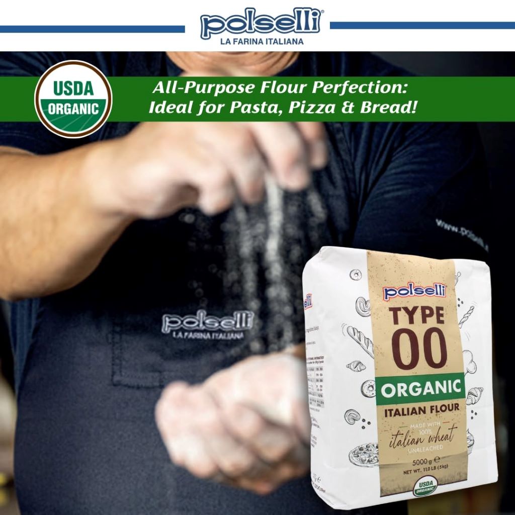 Close-up of POLSELLI double zero flour, all-natural and unbleached.