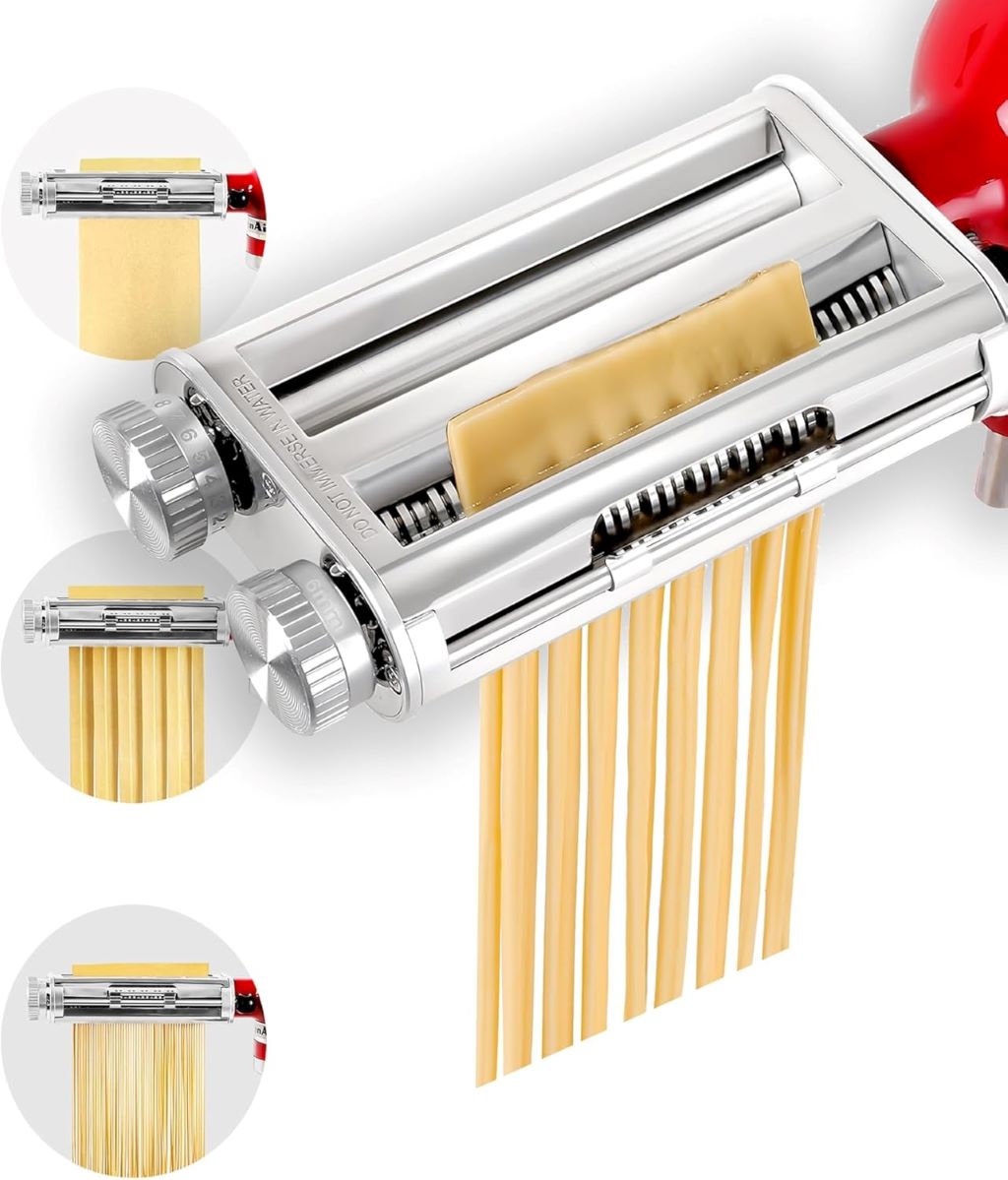 KitchenAid stand mixer fitted with RAFBAR pasta maker attachment for fresh homemade pasta