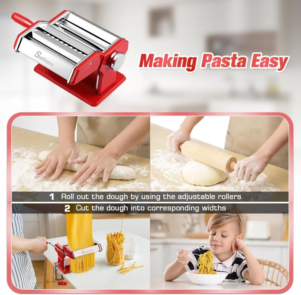 Red Sailnovo pasta maker with 9 settings and dual rollers for fresh pasta
